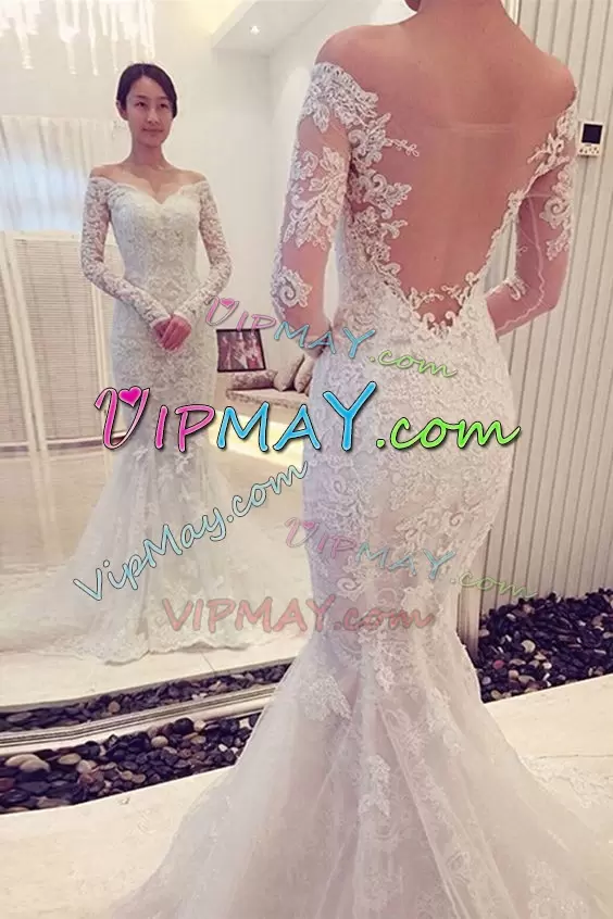 White Off The Shoulder Neckline Lace and Appliques Wedding Dress Long Sleeves Side Zipper