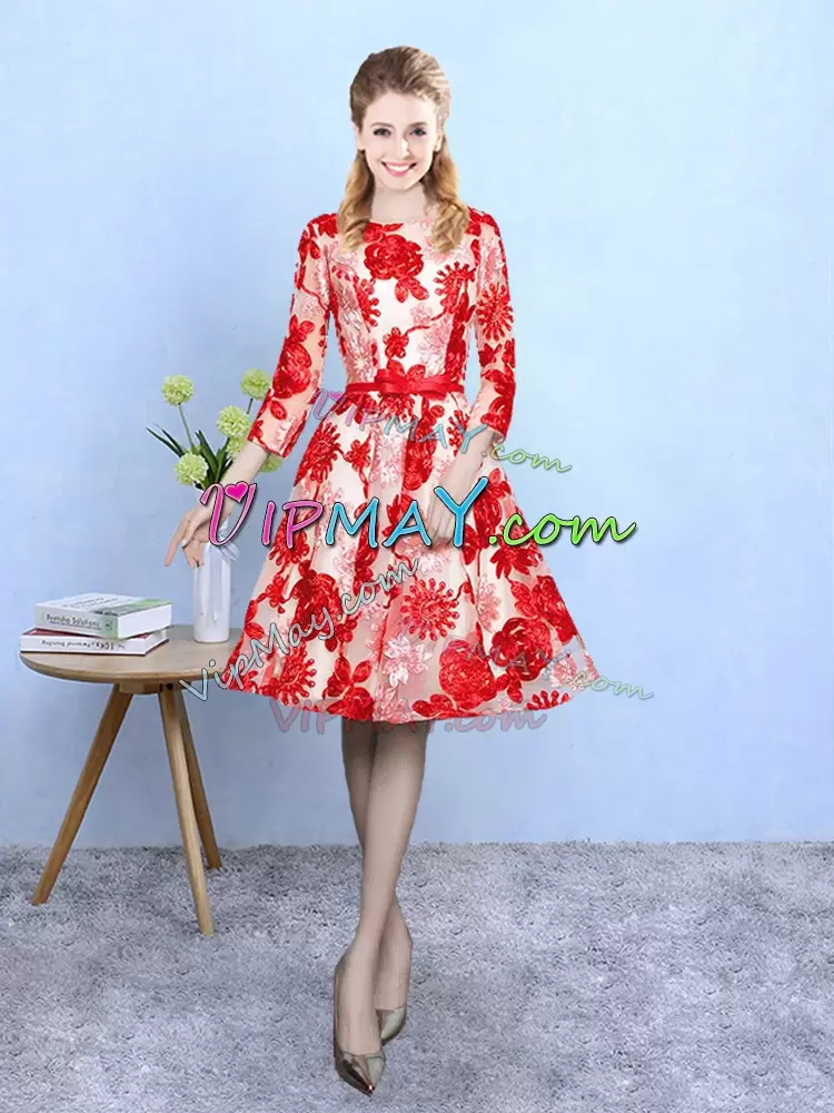 Red Printed Lace Up Wedding Party Dress 3 4 Length Sleeve Knee Length Pattern