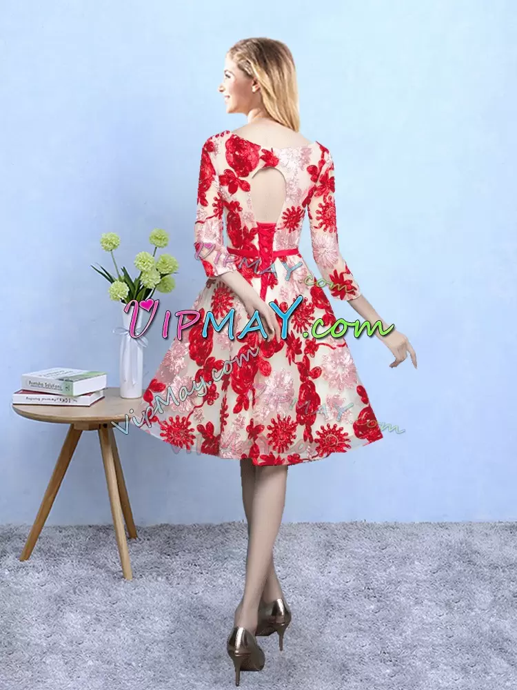 Red Printed Lace Up Wedding Party Dress 3 4 Length Sleeve Knee Length Pattern