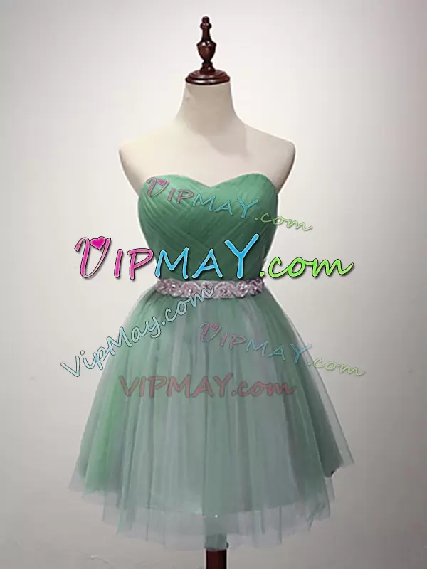 Green Lace Up Bridesmaid Dresses Beading and Ruching Sleeveless Mini Length