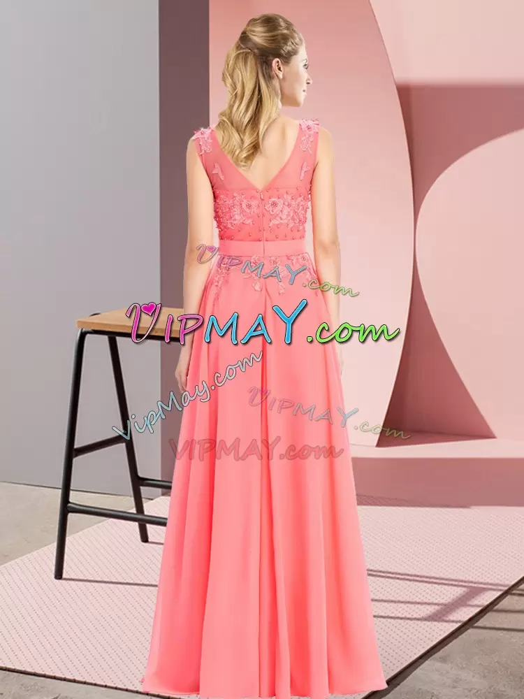 Luxurious Scoop Sleeveless Zipper Quinceanera Court of Honor Dress Rust Red Chiffon Beading and Appliques