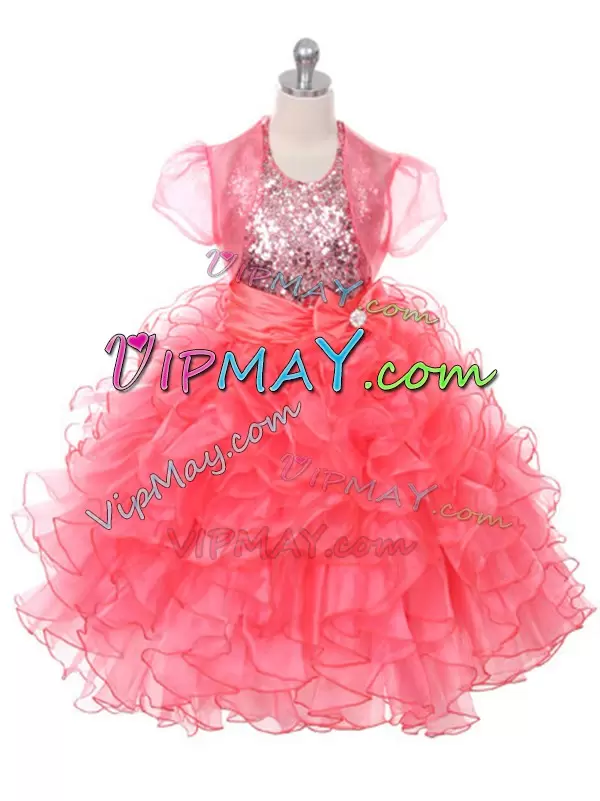 Custom Made Coral Red Ball Gowns Ruffles and Sequins and Bowknot High School Pageant Dress Lace Up Organza Sleeveless Floor Length