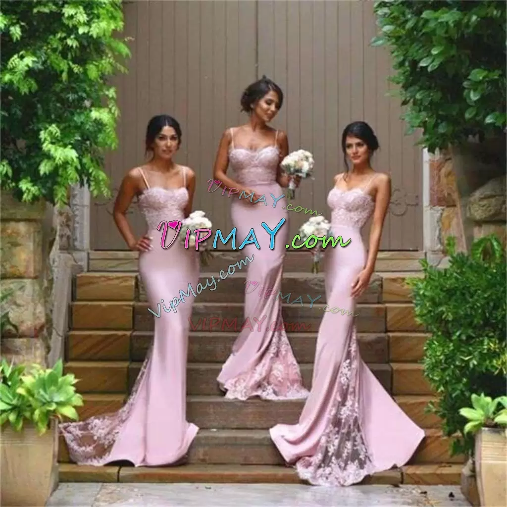 Fitting Pink Mermaid Lace Bridesmaids Dress Zipper Satin Sleeveless