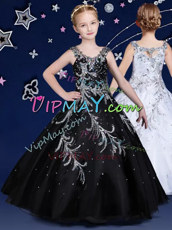 Floor Length Black Pageant Dress for Girls Organza Sleeveless Beading