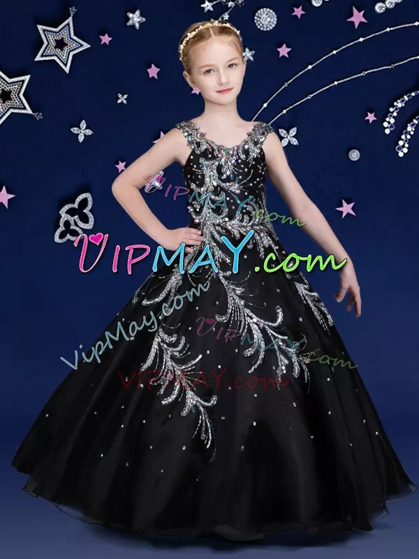 Floor Length Black Pageant Dress for Girls Organza Sleeveless Beading