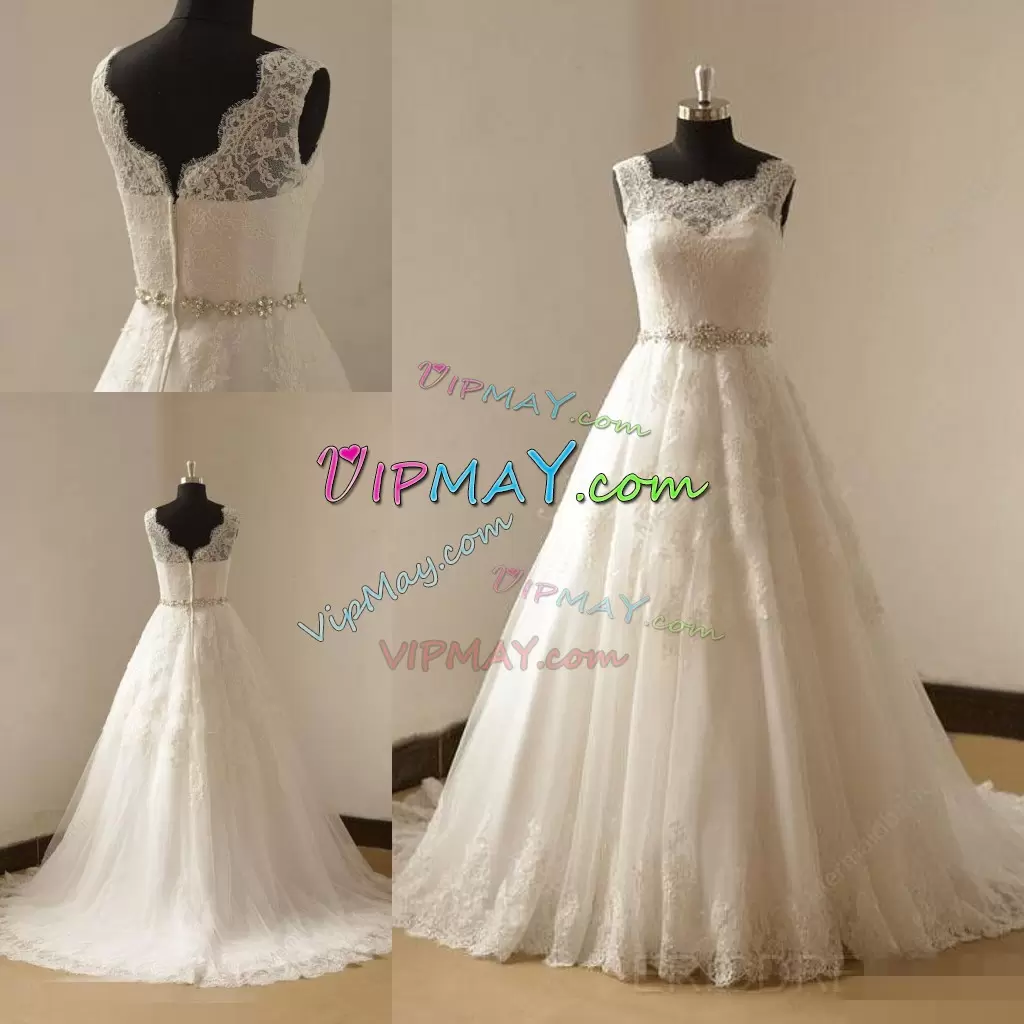 On Sale Brush Train A-line Wedding Dresses White Square Tulle Sleeveless Zipper