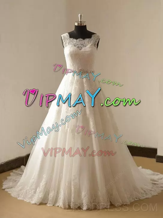 On Sale Brush Train A-line Wedding Dresses White Square Tulle Sleeveless Zipper