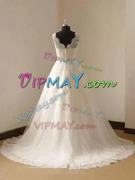 On Sale Brush Train A-line Wedding Dresses White Square Tulle Sleeveless Zipper