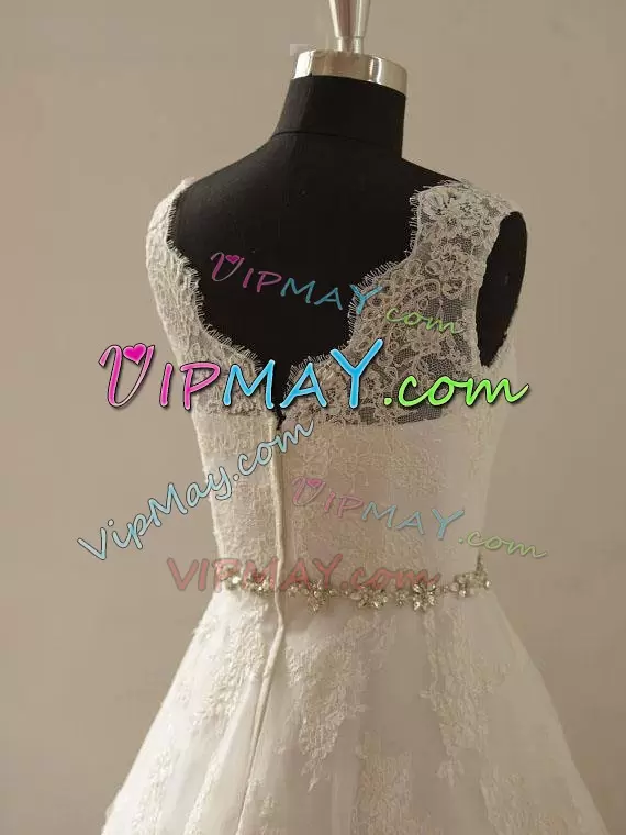 On Sale Brush Train A-line Wedding Dresses White Square Tulle Sleeveless Zipper