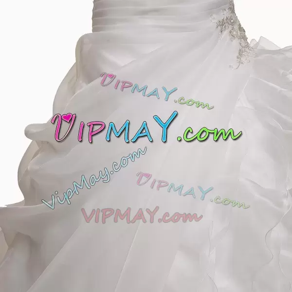 White A-line Organza V-neck Sleeveless Beading and Appliques and Ruffles and Pick Ups With Train Lace Up Wedding Dresses Court Train