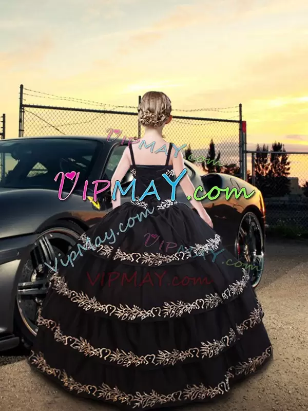 Black Lace Up Spaghetti Straps Embroidery and Ruffled Layers Custom Made Pageant Dress Taffeta Sleeveless