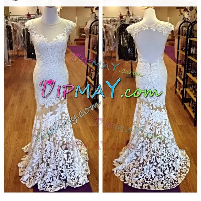 White Mermaid Beading and Lace Wedding Gown Lace Up Tulle Sleeveless Floor Length