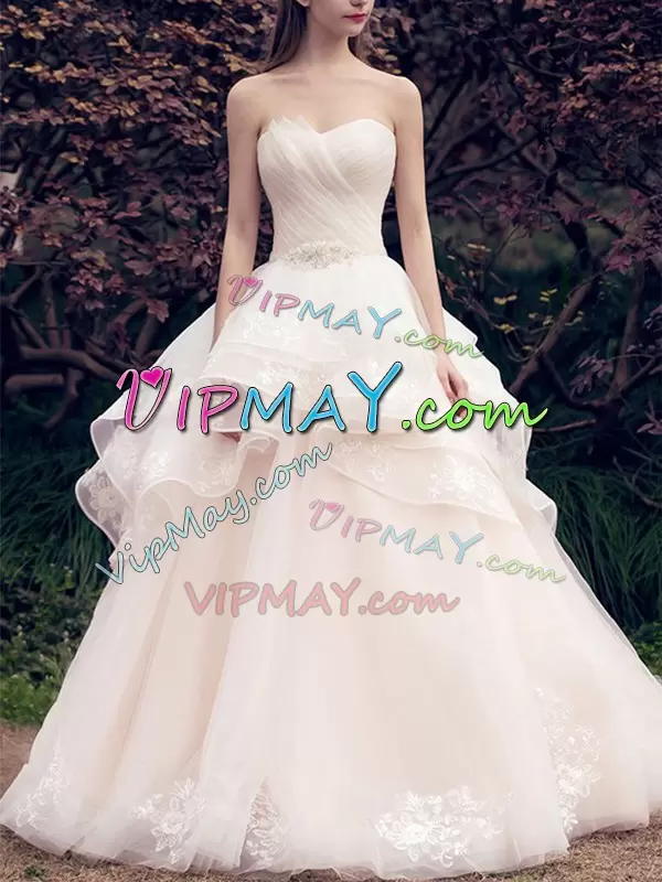 Modern Pink Tulle Lace Up Sweetheart Sleeveless Wedding Gowns Brush Train Lace and Ruffles