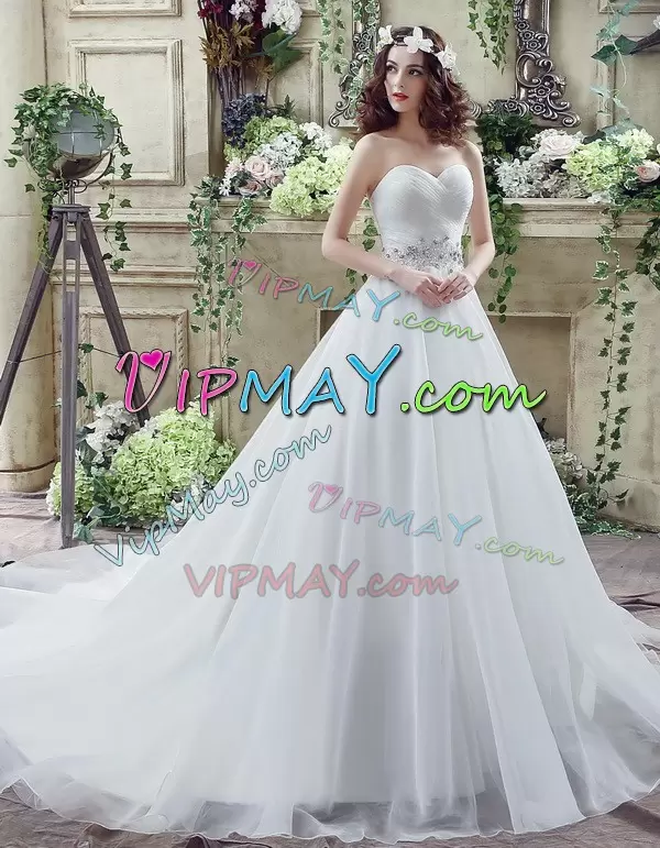 Eye-catching White A-line Organza Sweetheart Sleeveless Beading Lace Up Wedding Dresses Court Train