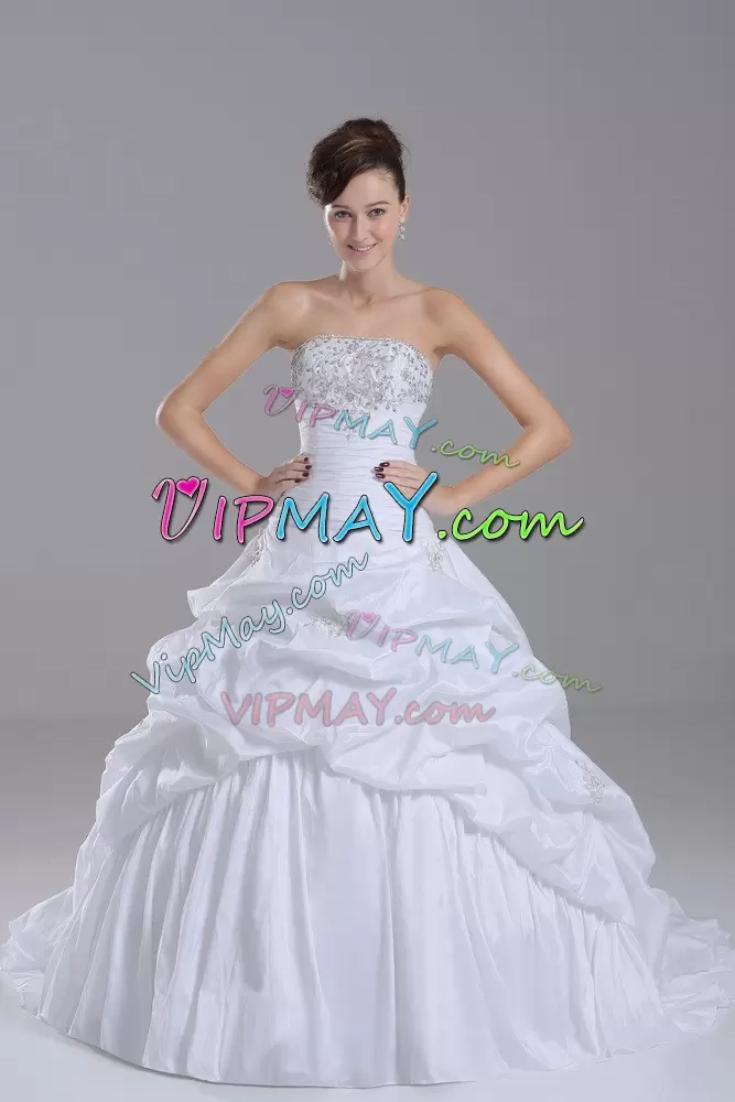 Sleeveless Taffeta Brush Train Lace Up Celebrity Prom Dress in White with Beading and Pick Ups