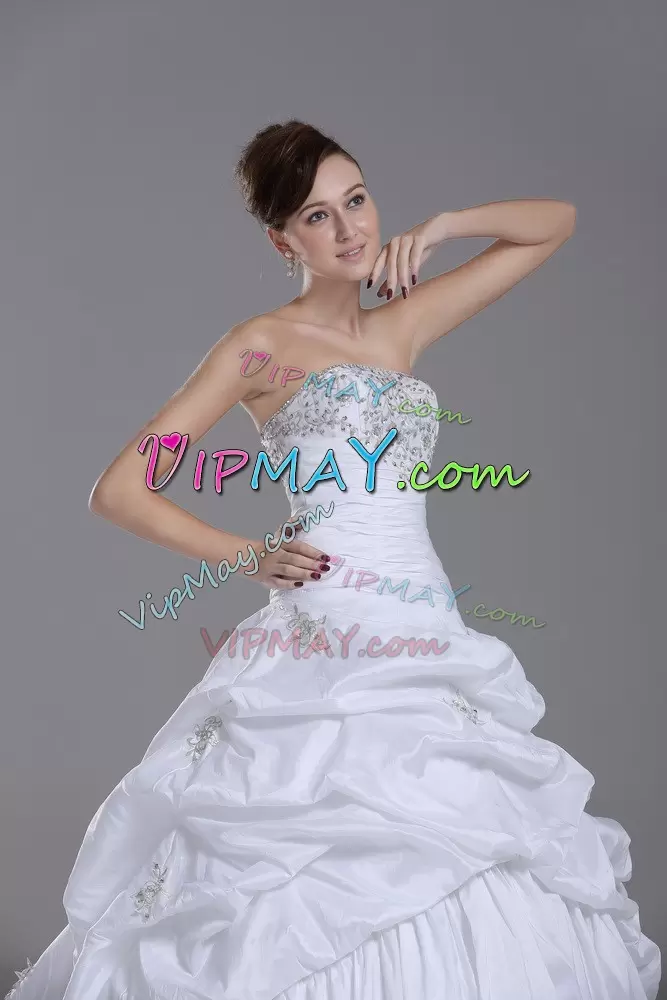 Sleeveless Taffeta Brush Train Lace Up Celebrity Prom Dress in White with Beading and Pick Ups