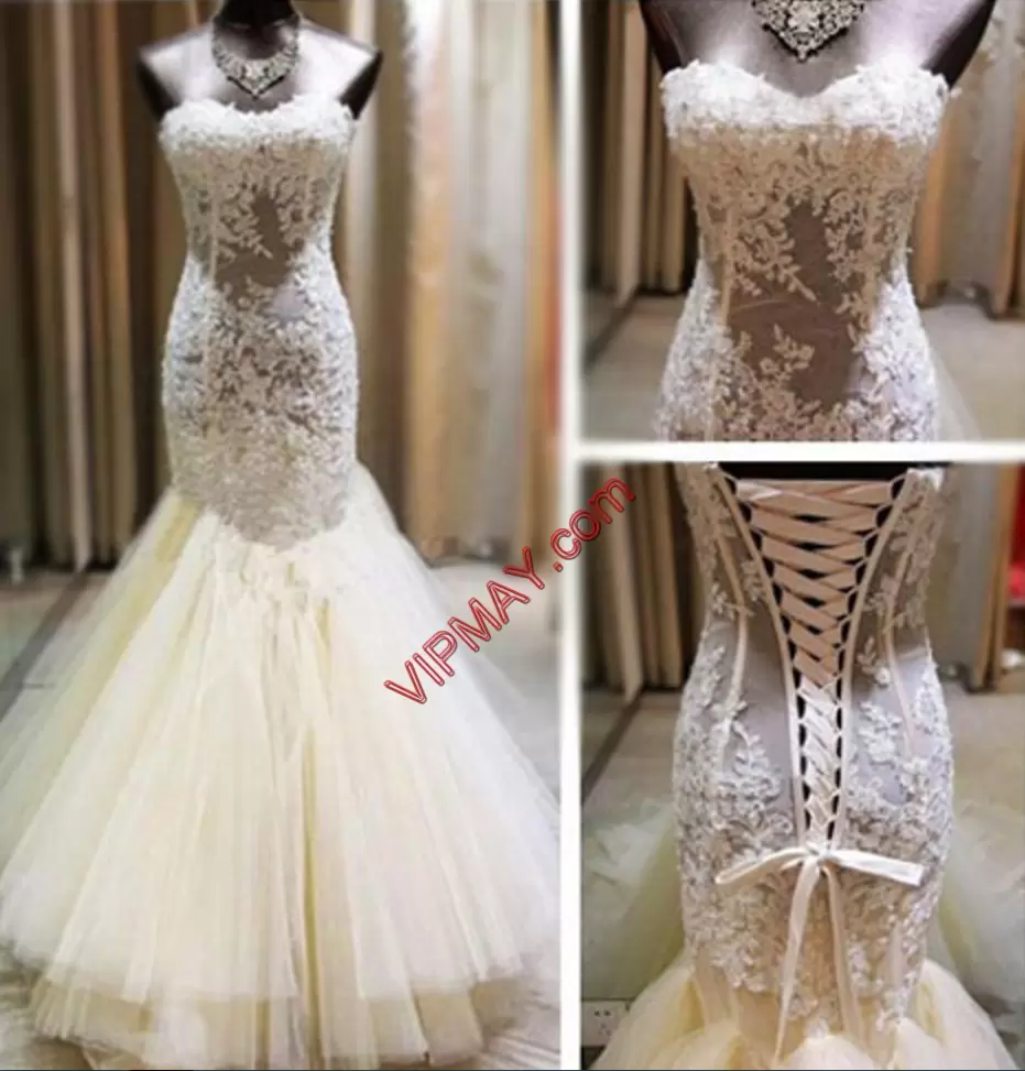 Elegant Lace Wedding Dress White Lace Up Sleeveless Floor Length