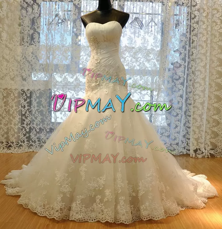 Popular White Mermaid Sweetheart Sleeveless Tulle Court Train Lace Up Lace and Appliques Wedding Gowns