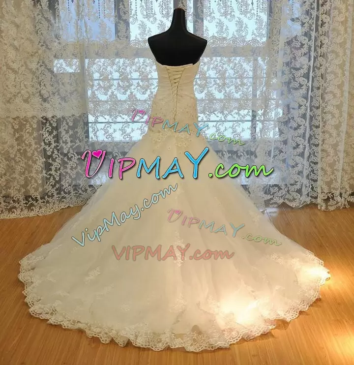 Popular White Mermaid Sweetheart Sleeveless Tulle Court Train Lace Up Lace and Appliques Wedding Gowns