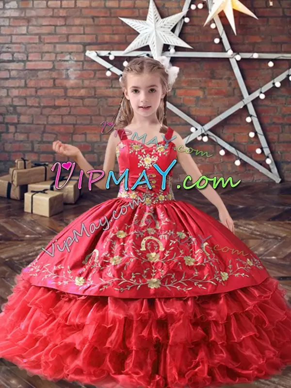 Red Ball Gowns Satin and Organza Straps Sleeveless Embroidery and Ruffled Layers Floor Length Lace Up Little Girl Pageant Dress