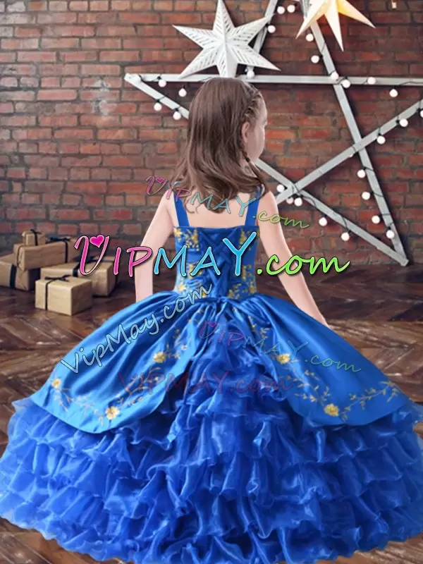 Red Ball Gowns Satin and Organza Straps Sleeveless Embroidery and Ruffled Layers Floor Length Lace Up Little Girl Pageant Dress