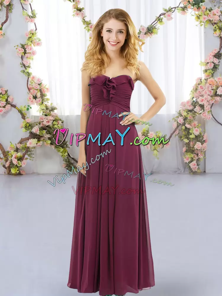 Deluxe Floor Length Burgundy Bridesmaid Gown Sweetheart Sleeveless Lace Up