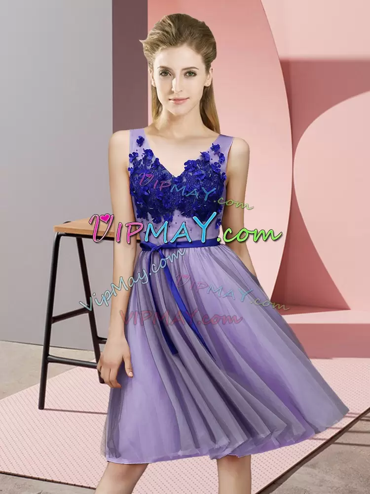 Suitable Sleeveless Tulle Knee Length Lace Up Bridesmaid Dress in Lavender with Appliques