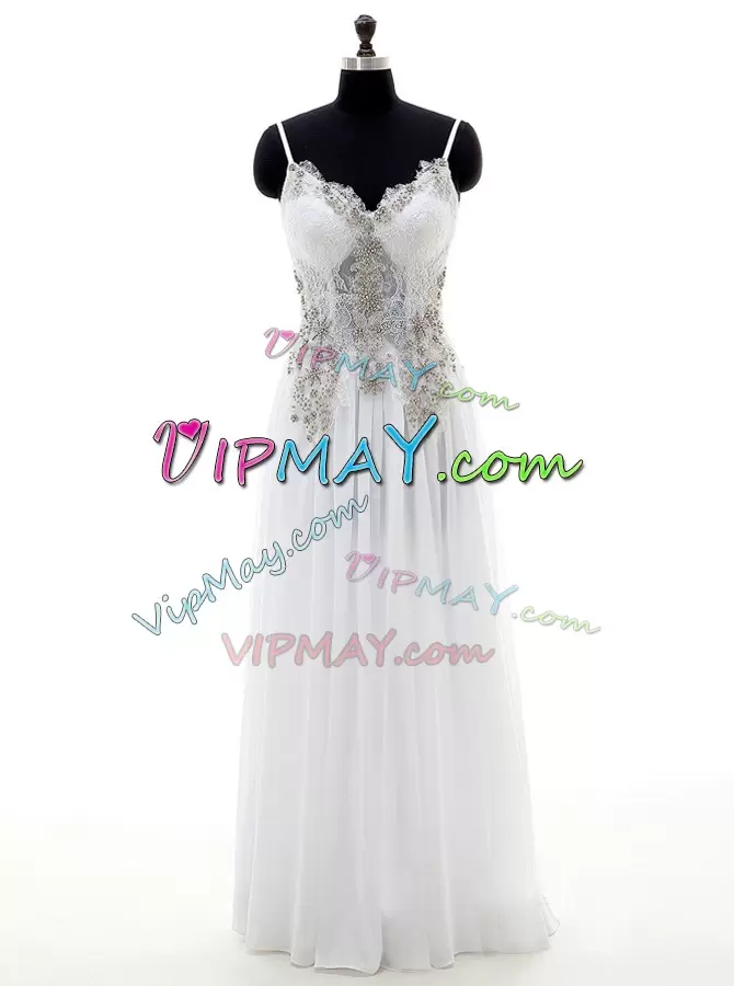 Flirting White Empire Chiffon V-neck Sleeveless Beading and Appliques Floor Length Backless Wedding Dress