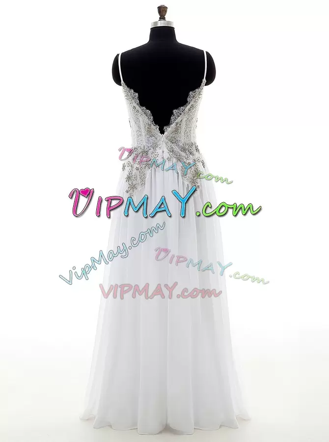 Flirting White Empire Chiffon V-neck Sleeveless Beading and Appliques Floor Length Backless Wedding Dress