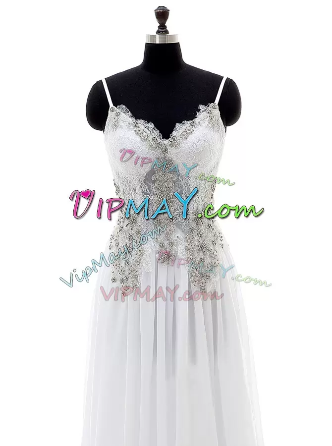 Flirting White Empire Chiffon V-neck Sleeveless Beading and Appliques Floor Length Backless Wedding Dress