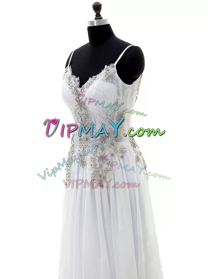 Flirting White Empire Chiffon V-neck Sleeveless Beading and Appliques Floor Length Backless Wedding Dress