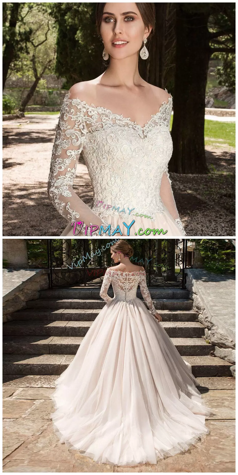 Pink Ball Gowns V-neck Long Sleeves Tulle With Train Chapel Train Clasp Handle Lace Wedding Gowns