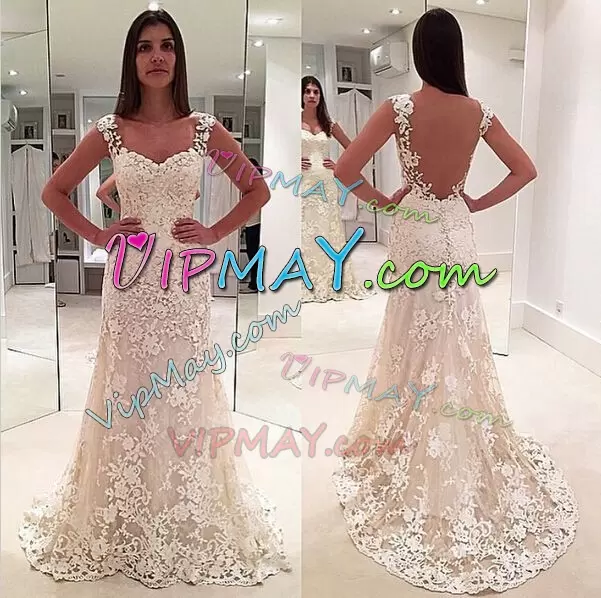 With Train Champagne Wedding Gown Sweetheart Sleeveless Brush Train Backless