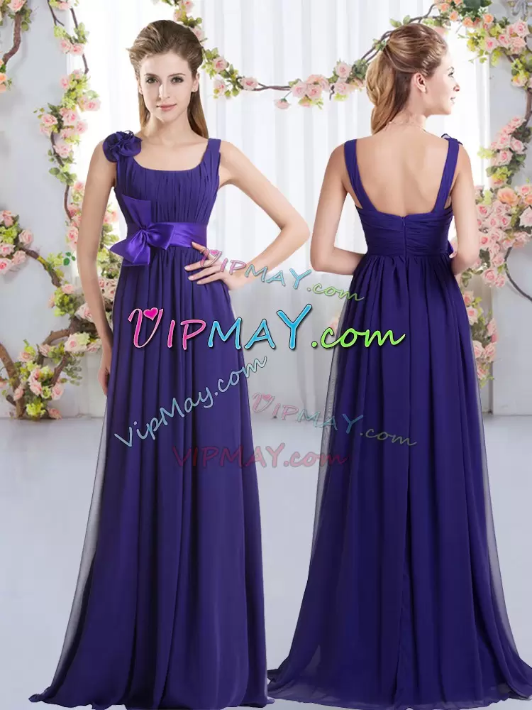 Delicate Straps Sleeveless Zipper Bridesmaid Dresses Purple Chiffon Belt and Hand Made Flower