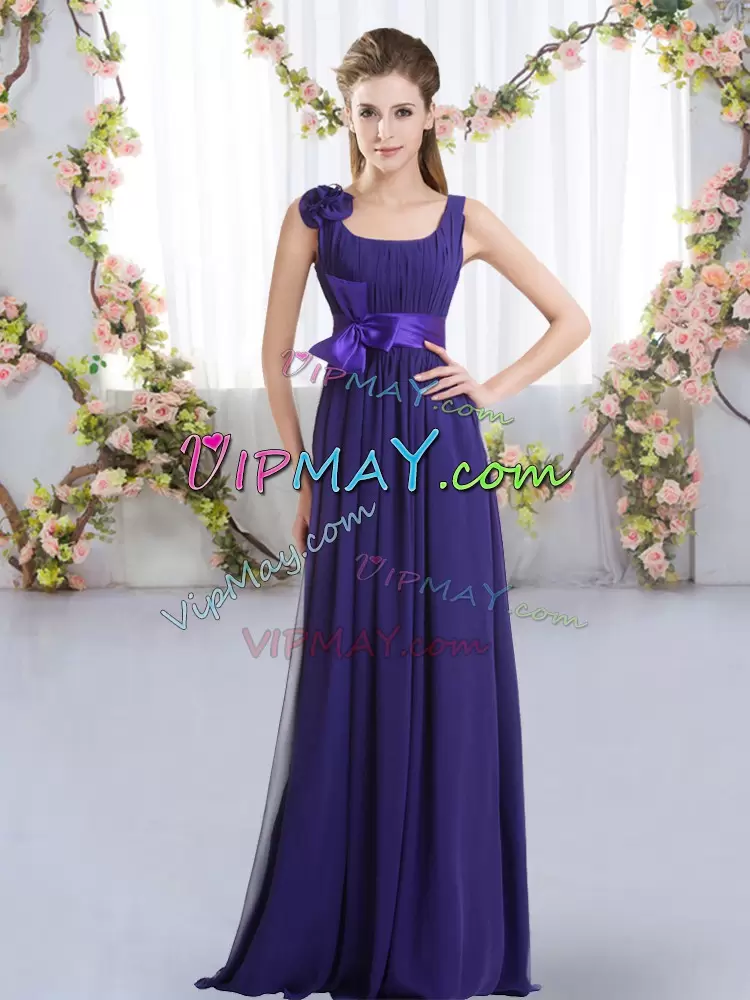 Delicate Straps Sleeveless Zipper Bridesmaid Dresses Purple Chiffon Belt and Hand Made Flower