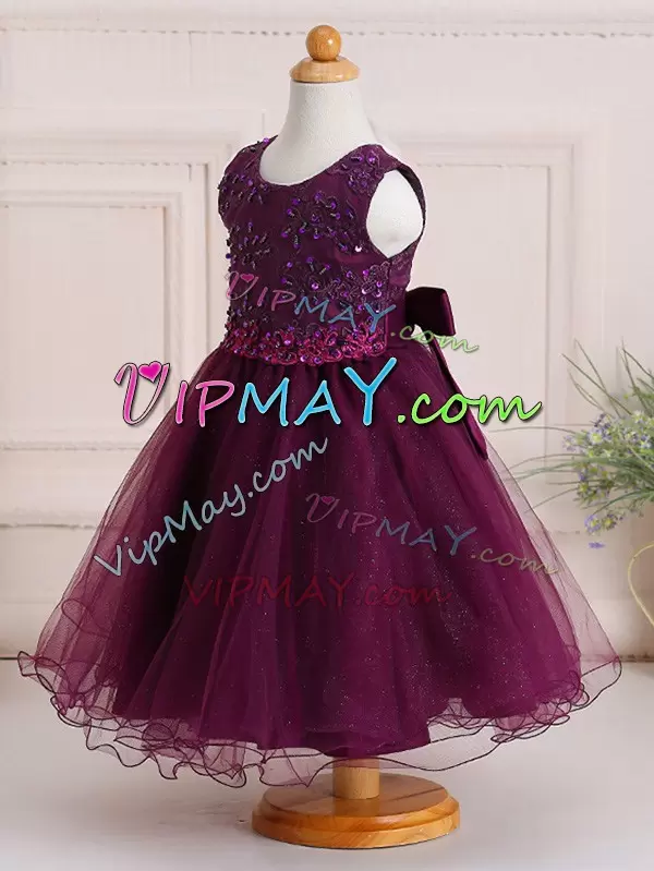 New Arrival Tulle Scoop Sleeveless Zipper Appliques Little Girls Pageant Gowns in Burgundy