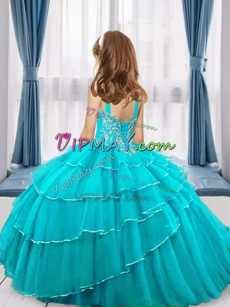 Spaghetti Straps Sleeveless Tulle Pageant Dress Wholesale Beading and Ruffled Layers Lace Up