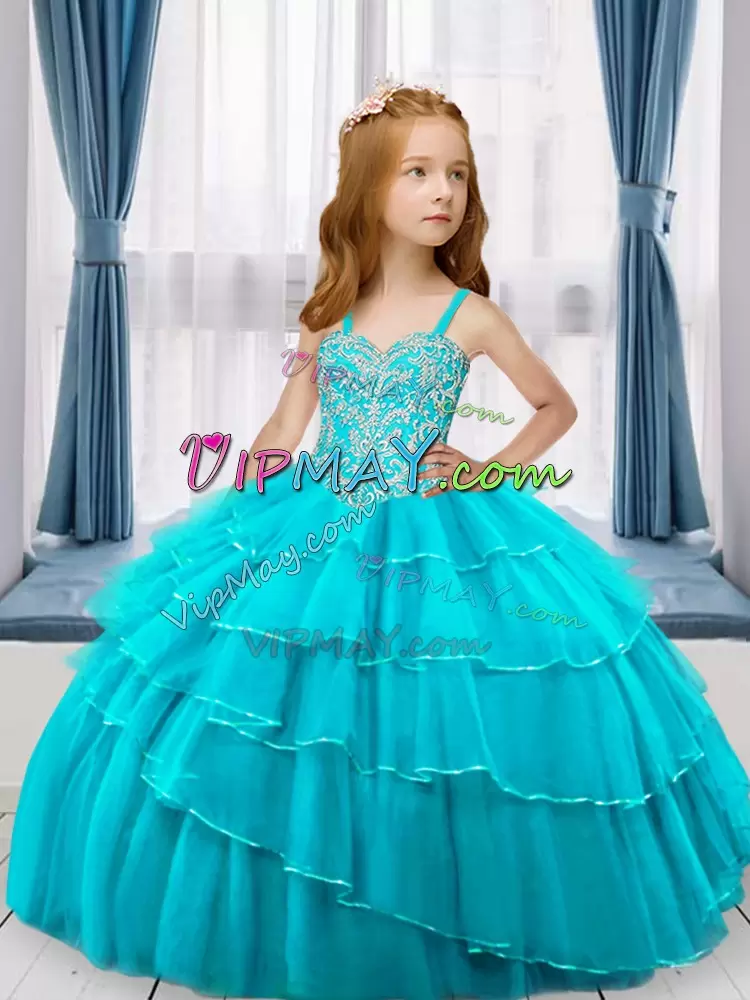 Spaghetti Straps Sleeveless Tulle Pageant Dress Wholesale Beading and Ruffled Layers Lace Up