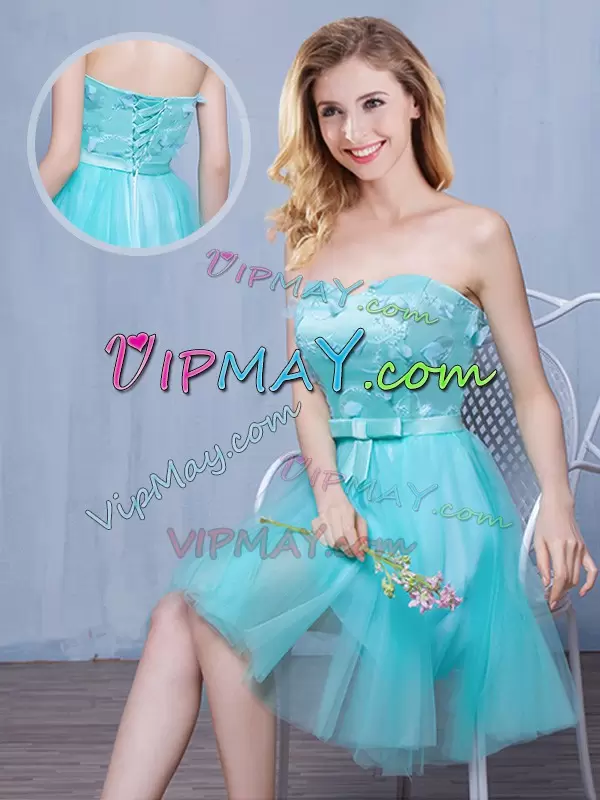 Enchanting Knee Length Empire Sleeveless Aqua Blue Vestidos de Damas Lace Up