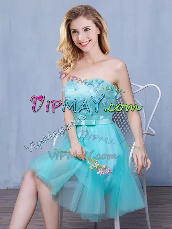 Enchanting Knee Length Empire Sleeveless Aqua Blue Vestidos de Damas Lace Up