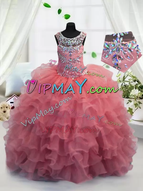 Floor Length Coral Red Little Girl Pageant Dress Organza Sleeveless Beading and Ruffled Layers