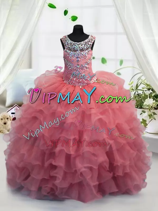 Floor Length Coral Red Little Girl Pageant Dress Organza Sleeveless Beading and Ruffled Layers