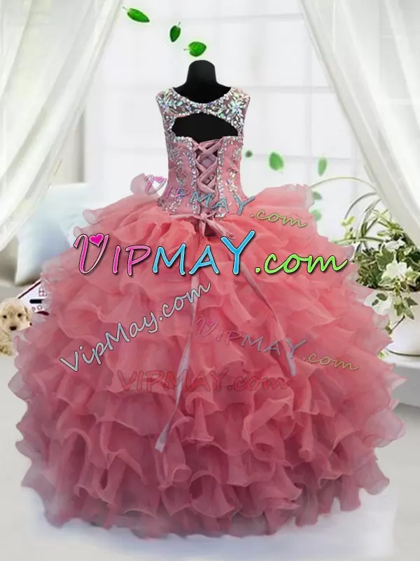 Floor Length Coral Red Little Girl Pageant Dress Organza Sleeveless Beading and Ruffled Layers