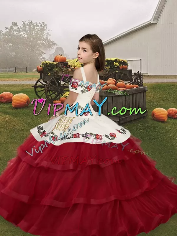 Stunning Wine Red Ball Gowns Embroidery Winning Pageant Gowns Lace Up Tulle Sleeveless Floor Length