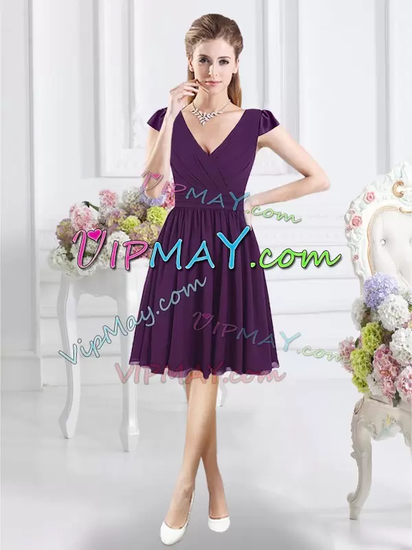 Perfect A-line Bridesmaid Gown Purple V-neck Chiffon Cap Sleeves Knee Length Zipper