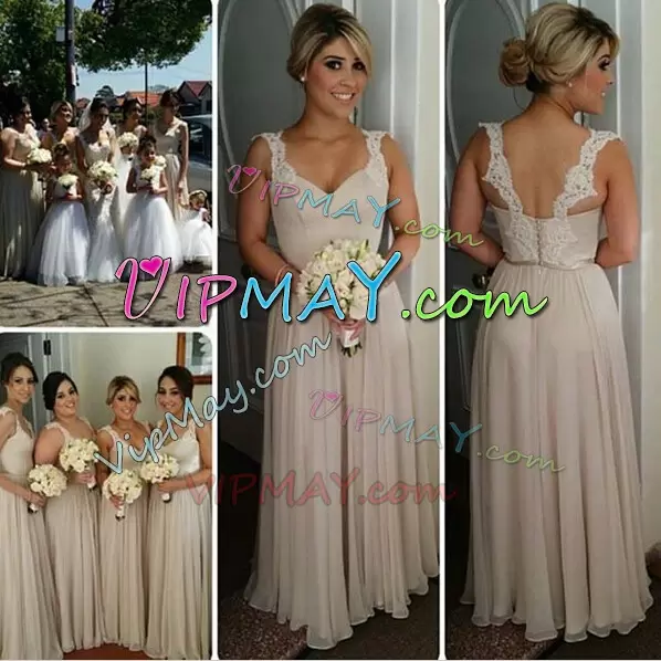 Straps Sleeveless Bridesmaid Dresses Floor Length Appliques Champagne Chiffon