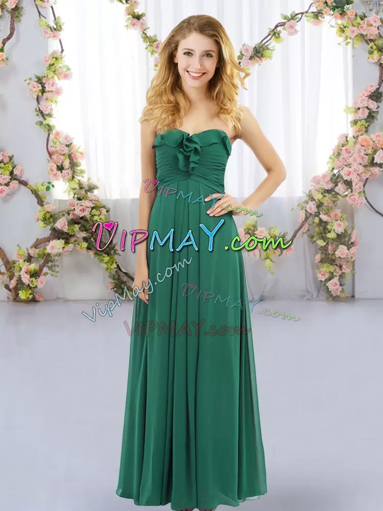 Traditional Dark Green Lace Up Sweetheart Ruffles Bridesmaid Gown Chiffon Sleeveless