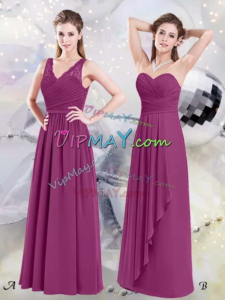 Admirable Empire Wedding Party Dress Fuchsia V-neck Chiffon Sleeveless Floor Length Side Zipper