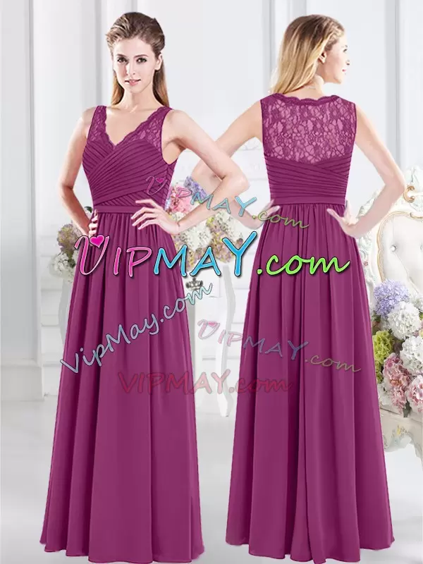 Admirable Empire Wedding Party Dress Fuchsia V-neck Chiffon Sleeveless Floor Length Side Zipper