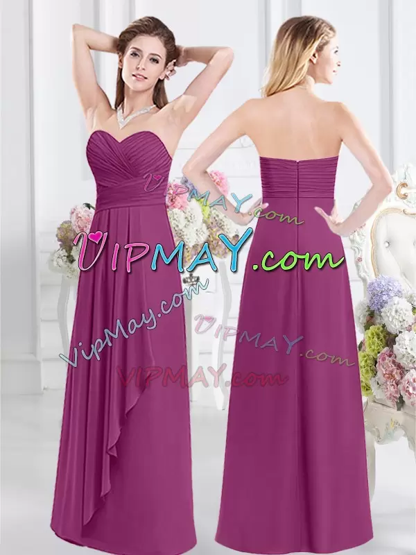 Admirable Empire Wedding Party Dress Fuchsia V-neck Chiffon Sleeveless Floor Length Side Zipper